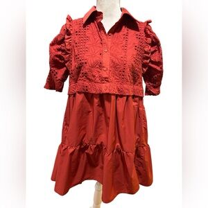 Rust brown Fancy Ruffled puff sleeve embroidered mini Eyelet Dress